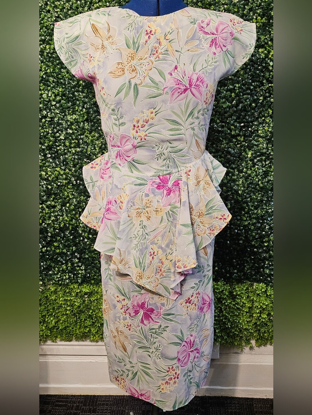 Charlee Allison Floral Peplum Midi Dress in Lavender and Pink